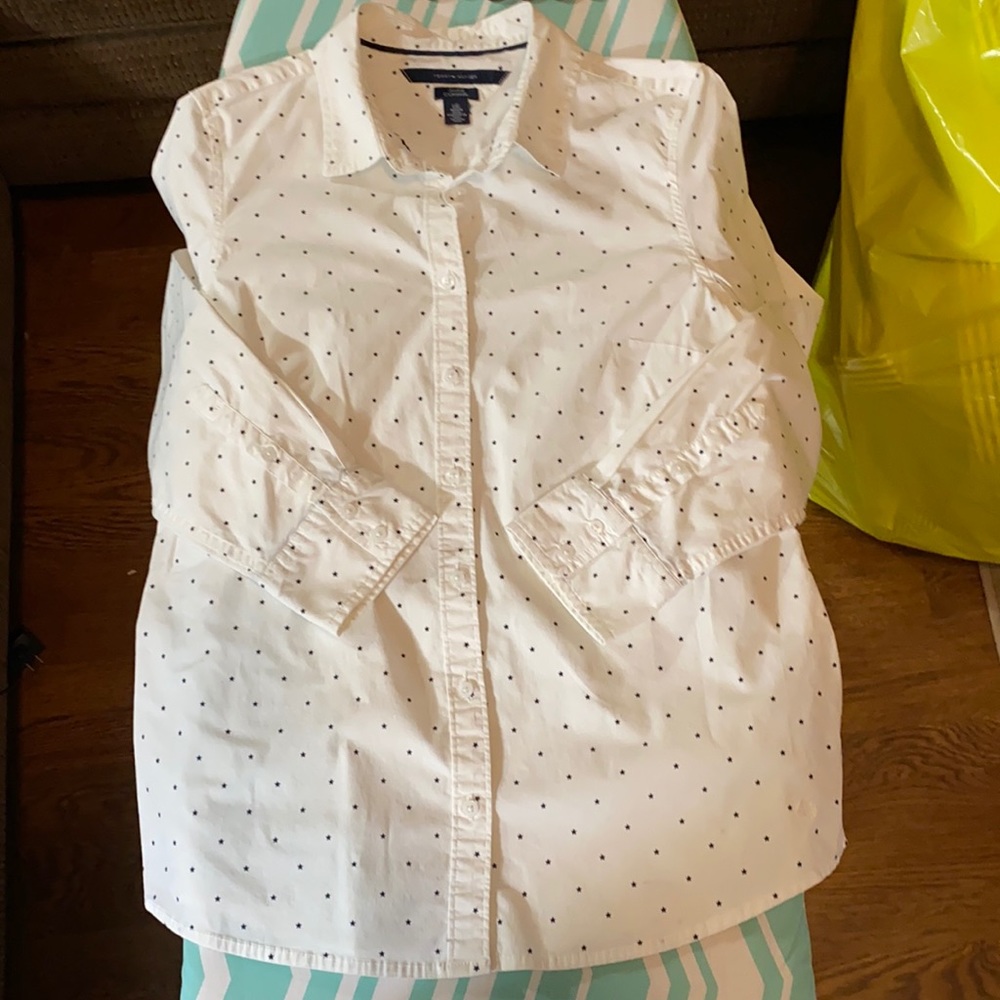 Tommy Hilfiger stretch extensible white w/ navy stars button down LS Large